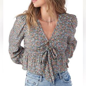 NWT O’Neill Audrey Floral Print Tie Front V-Neck Crop Top Long Sleeve Blouse XS